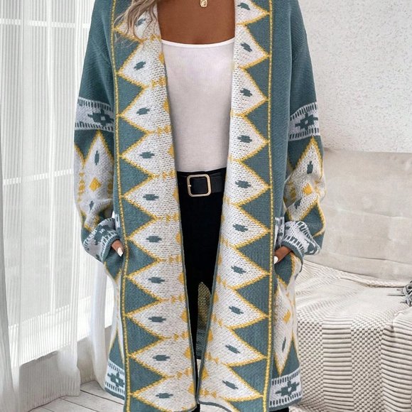 Blue Preppy Womens Geo Pattern Dual Pocket Drop Shoulder Open Front Cardigan - Picture 5 of 5